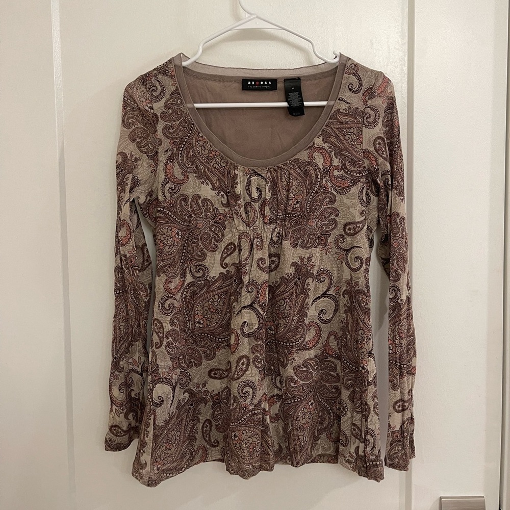 Vintage Y2K Boho Babydoll‎ Long-Sleeve Paisley Scoop Neck Taupe/Burgundy Blouse